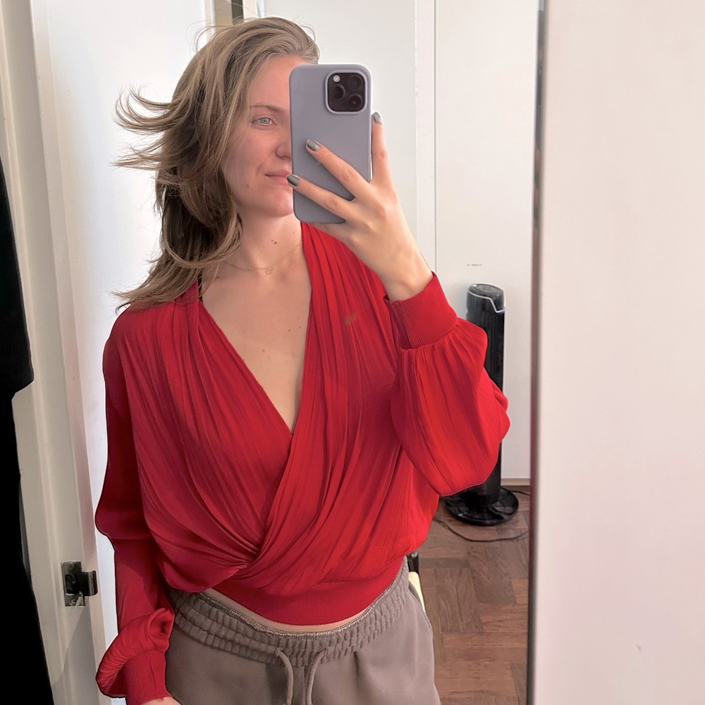 Red Satin Drape Cross Neck Top